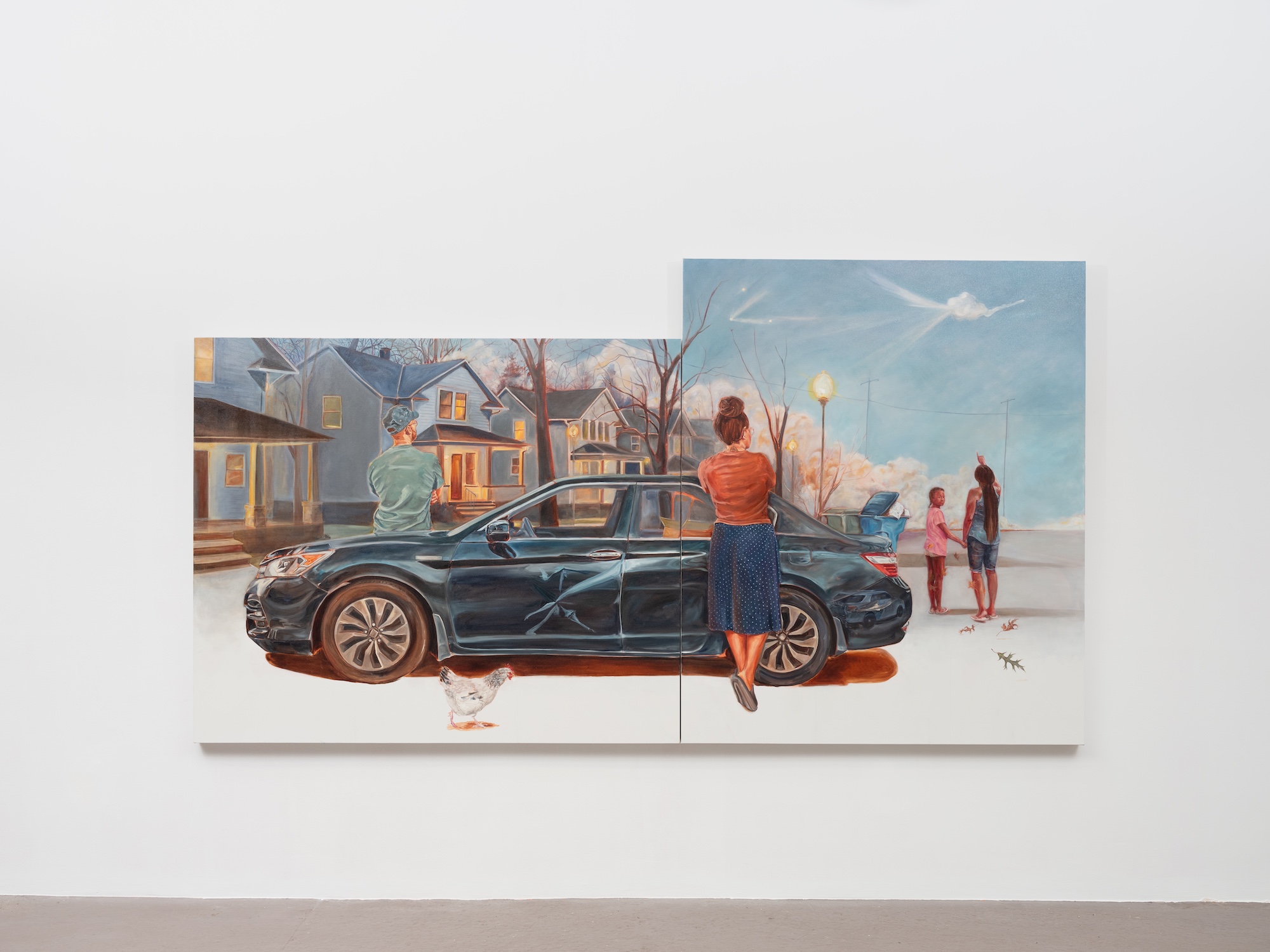 A painting representing four people, two adults and two children, surrounding a dented car in a suburban landscape. Three of them have their backs to the viewer and are looking at a rocket launch in the sky. The youngest is turning to look at the viewer. Smoke rises in the background. A chicken walks in the foreground.