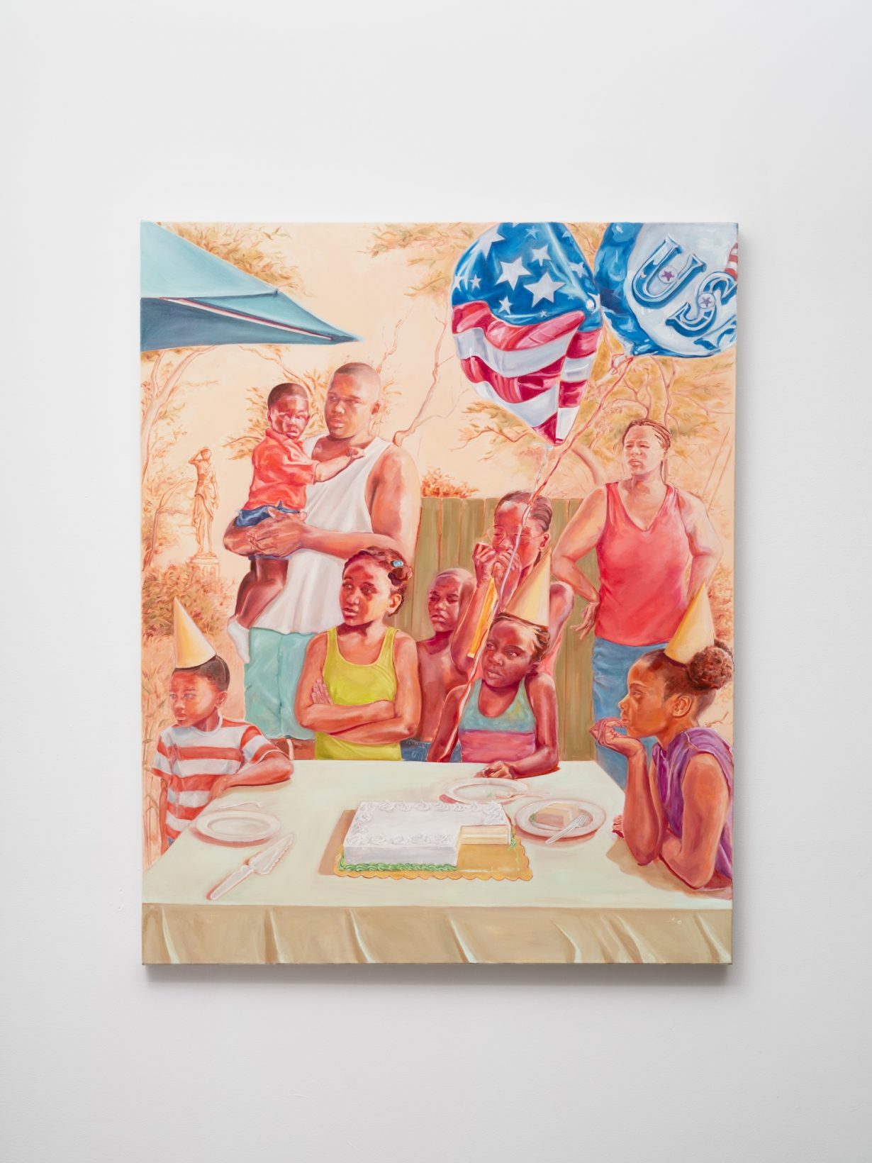A painting showing a group of children, some with party hats, and two adults gathered around a table with a cake and balloons with the American flag