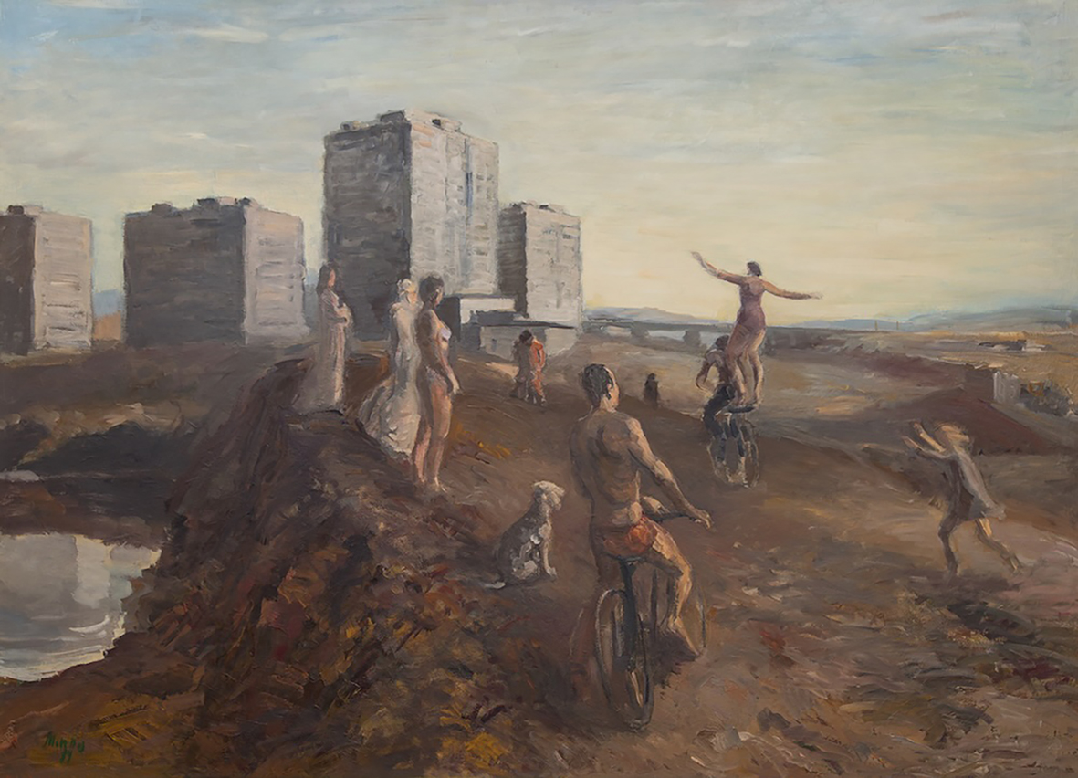 A painting of people dancing next to building blocks 