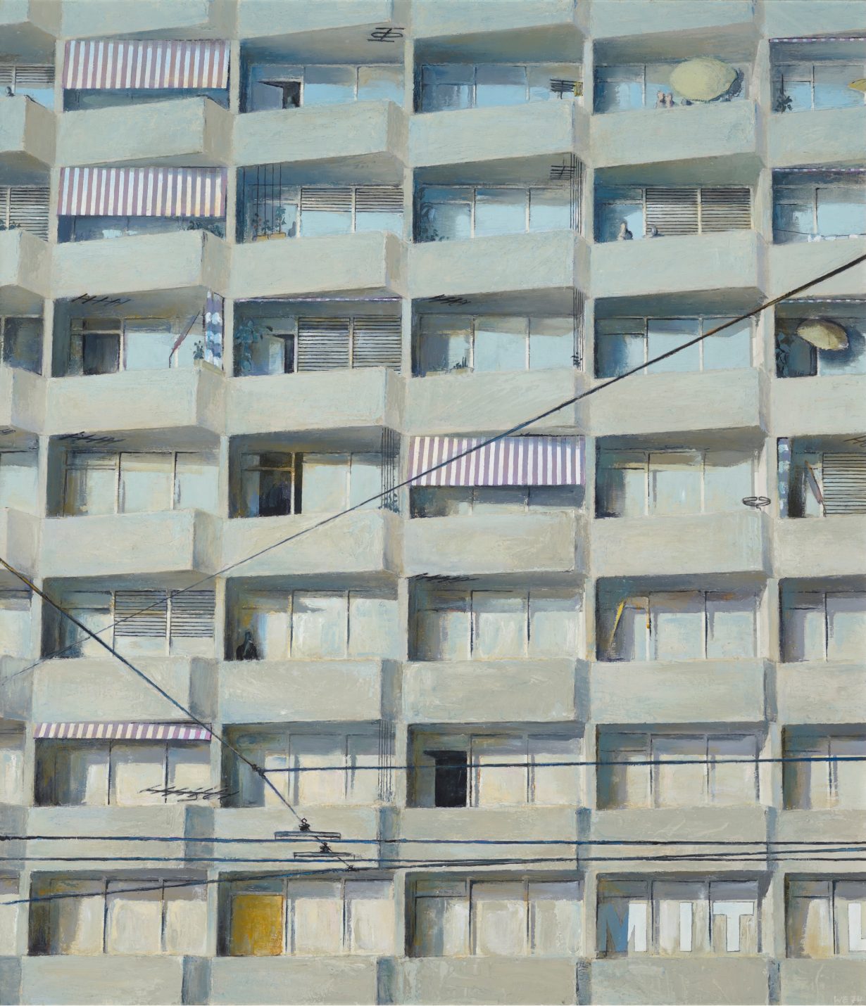 A painting of a block of apartments 
