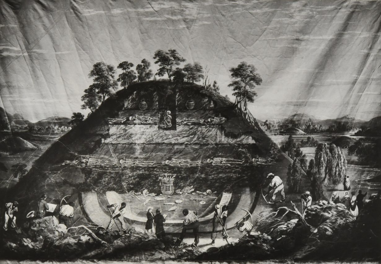 A black and white image of a mountain with various Black figures