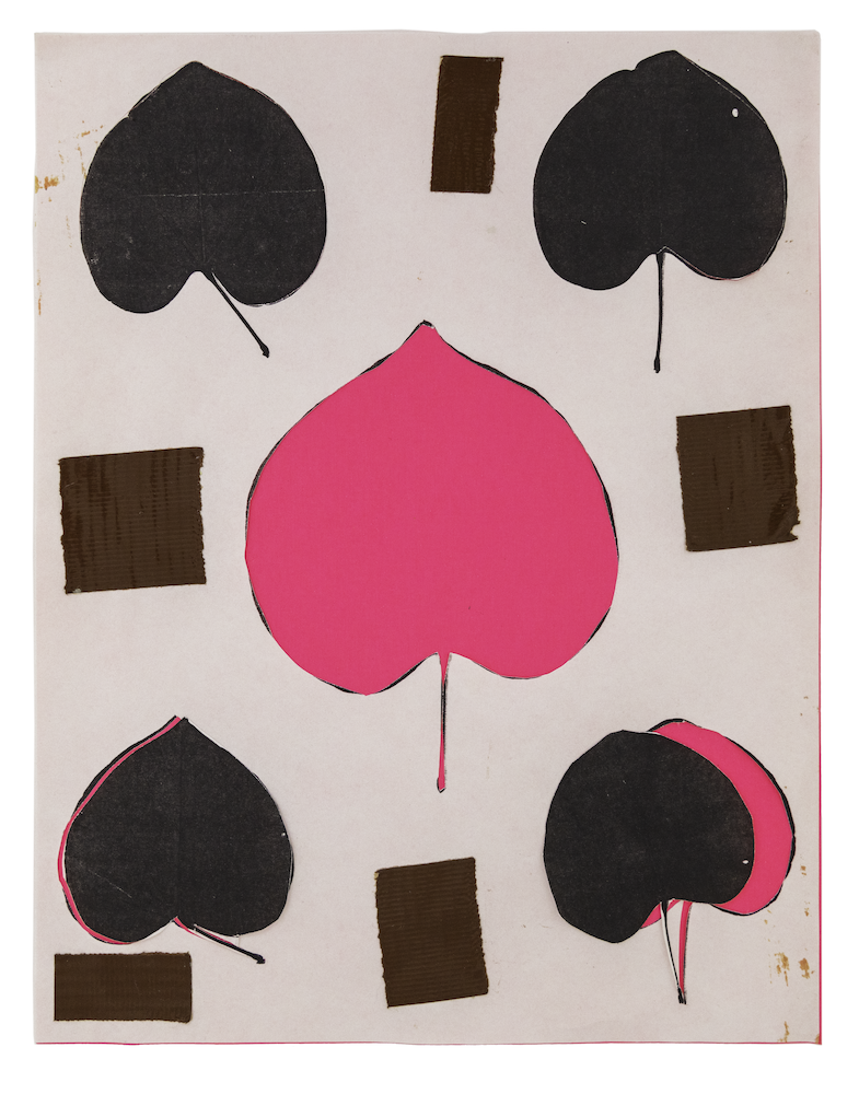 A print with a pink leaf shape and four black leaf shapes