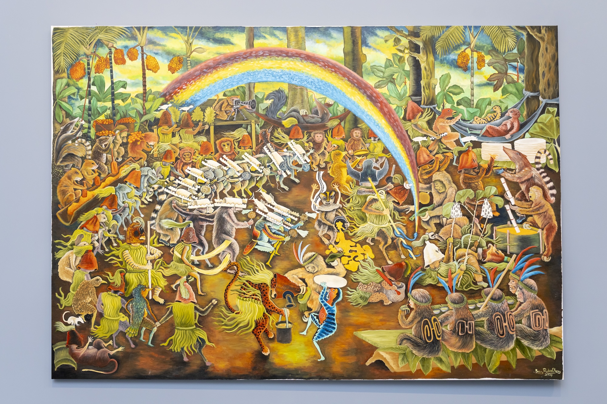 A painting showing animals playing instruments in a jungle