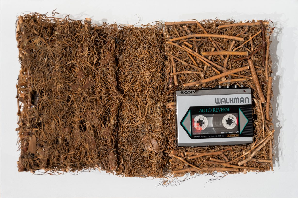 A hay bail with a walkman