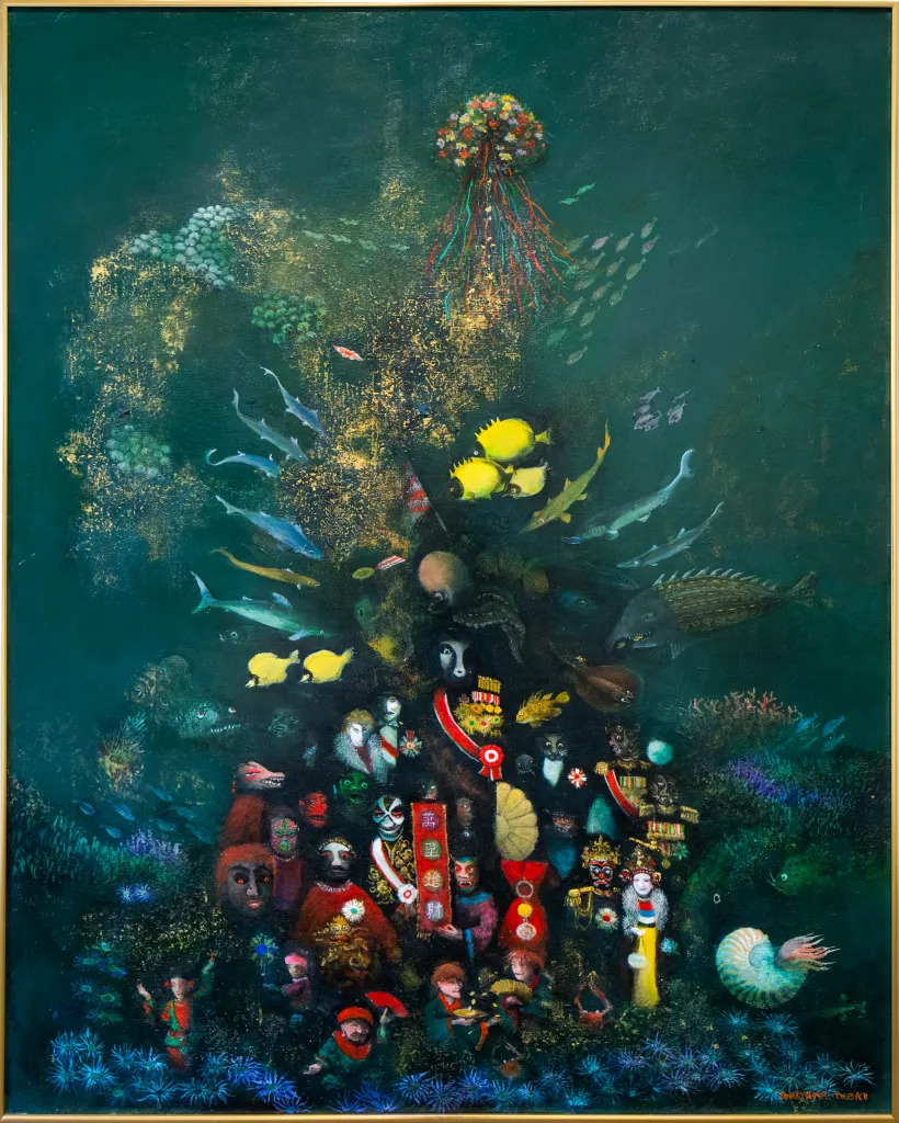A painting of an under water scene with fish 