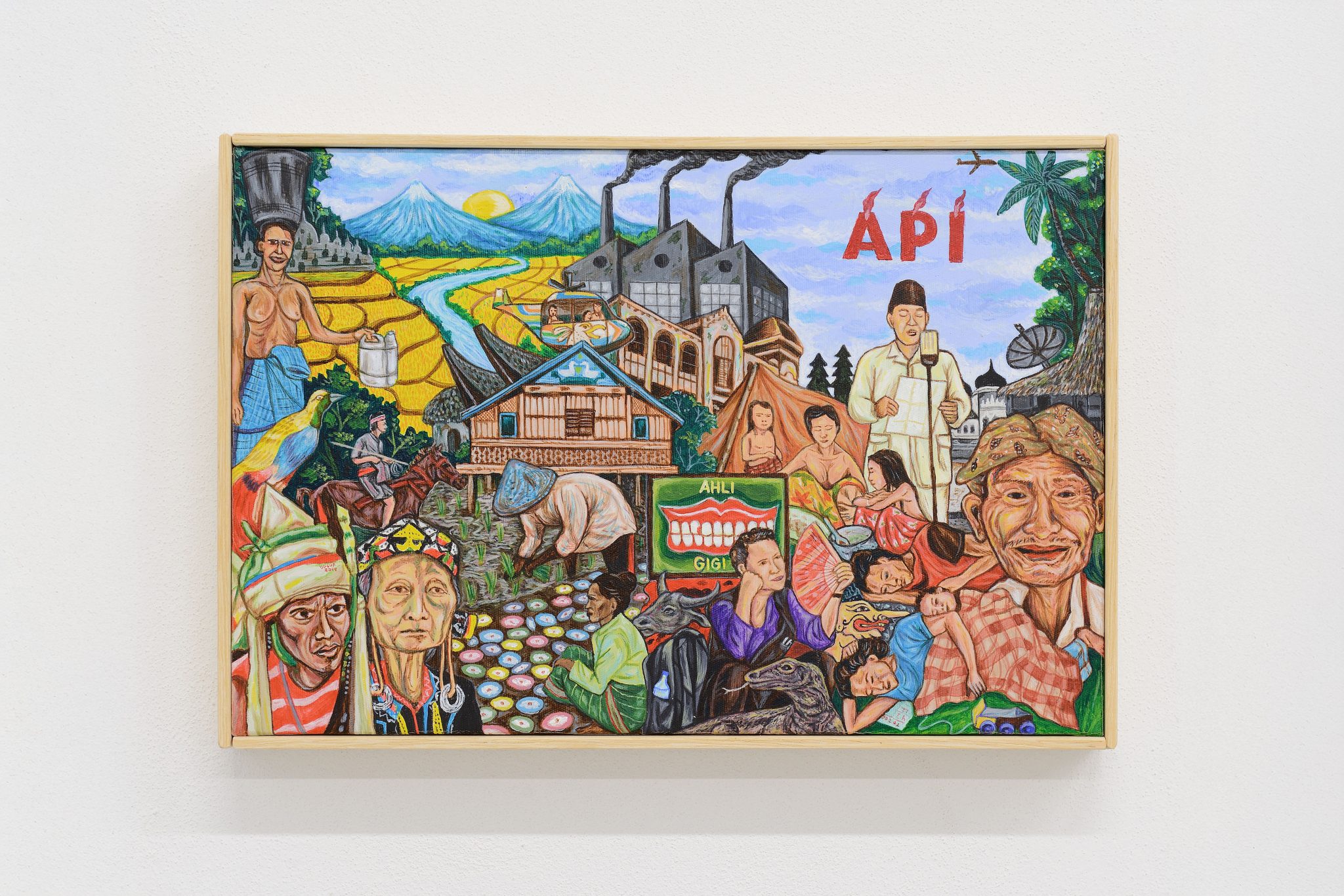 An artwork with volcanos, people and trees