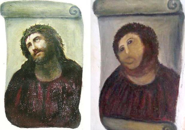 Elías García Martínez's 1930 Ecce Homo, before and after Cecilia Giménez's intervention 