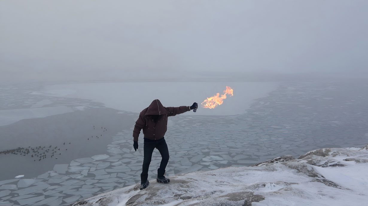 A hooded figure in an icy landscape sprays fire from an aerosol