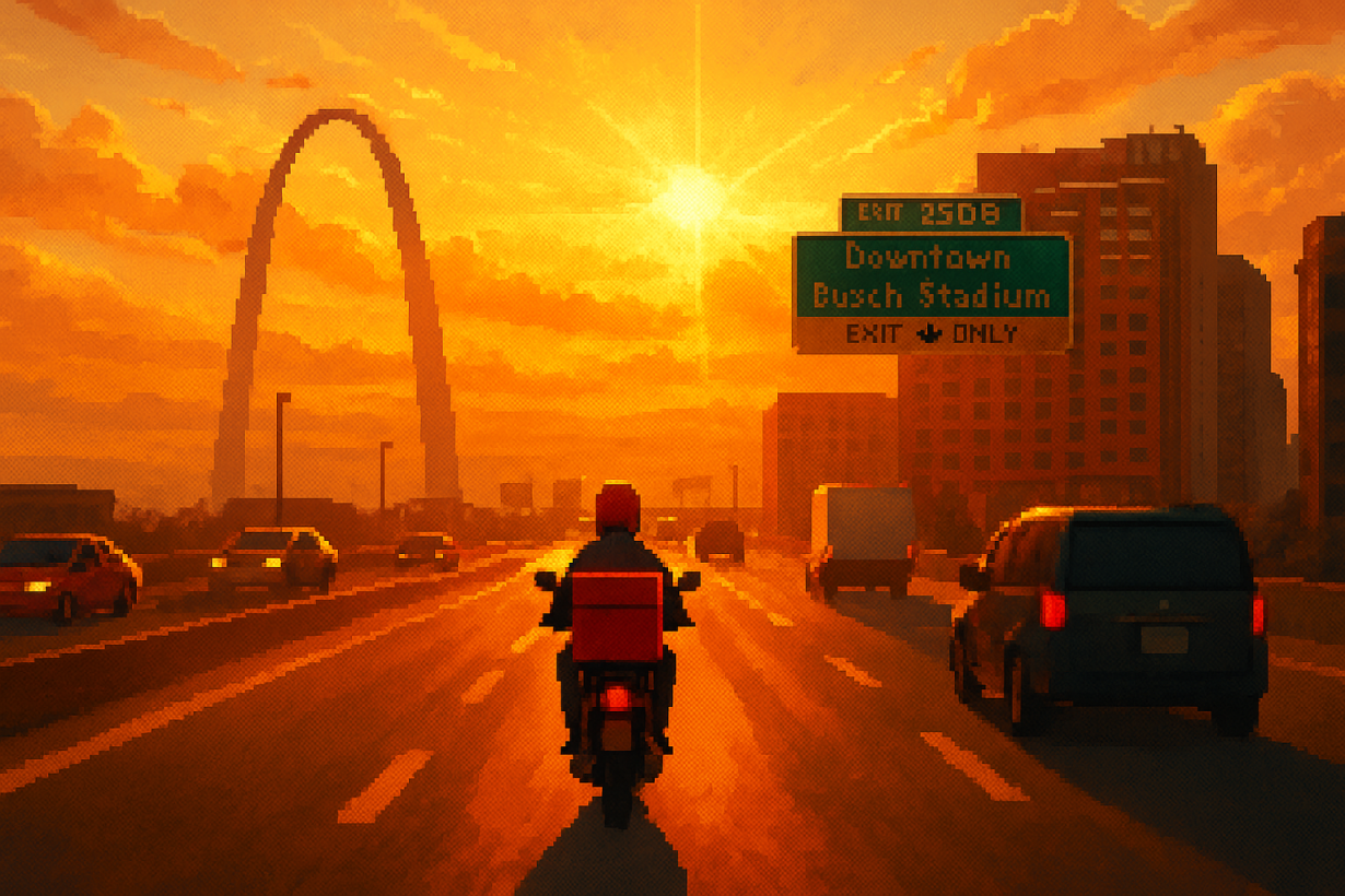 A pixelized motorcycle driver is seen from behind riding into the sunset along an American highway 