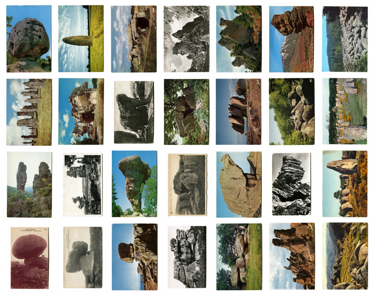 28 postcards of rock formations arranged in a grid