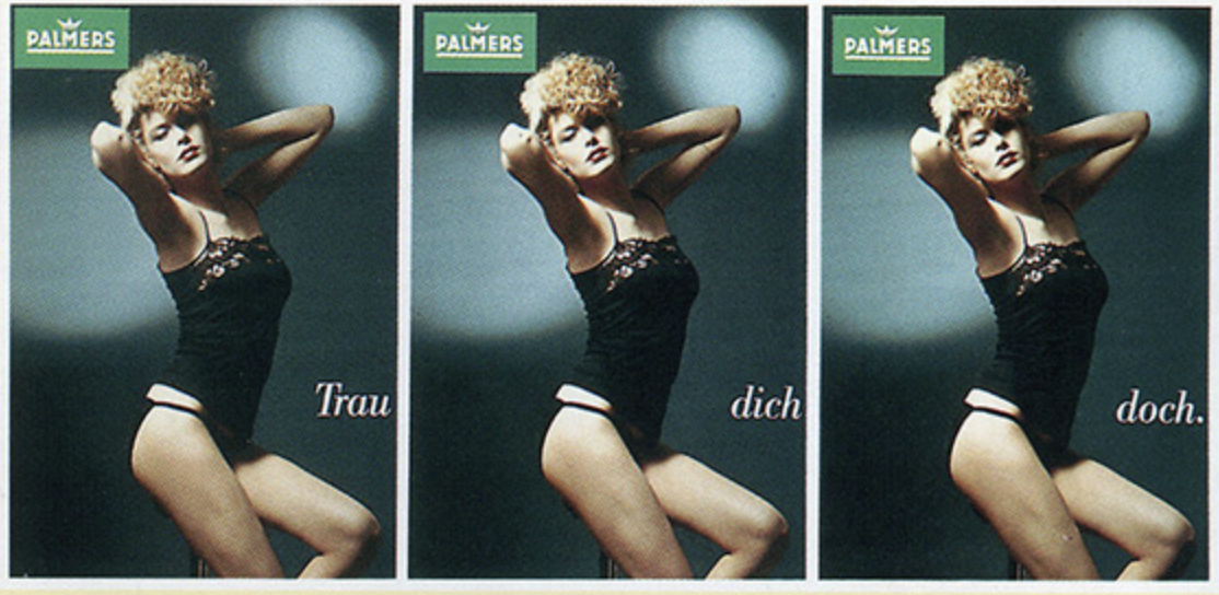 Triptyth image of the same model in lingerie, each portrait captioned with a single word in German for the strapline I Dare You
