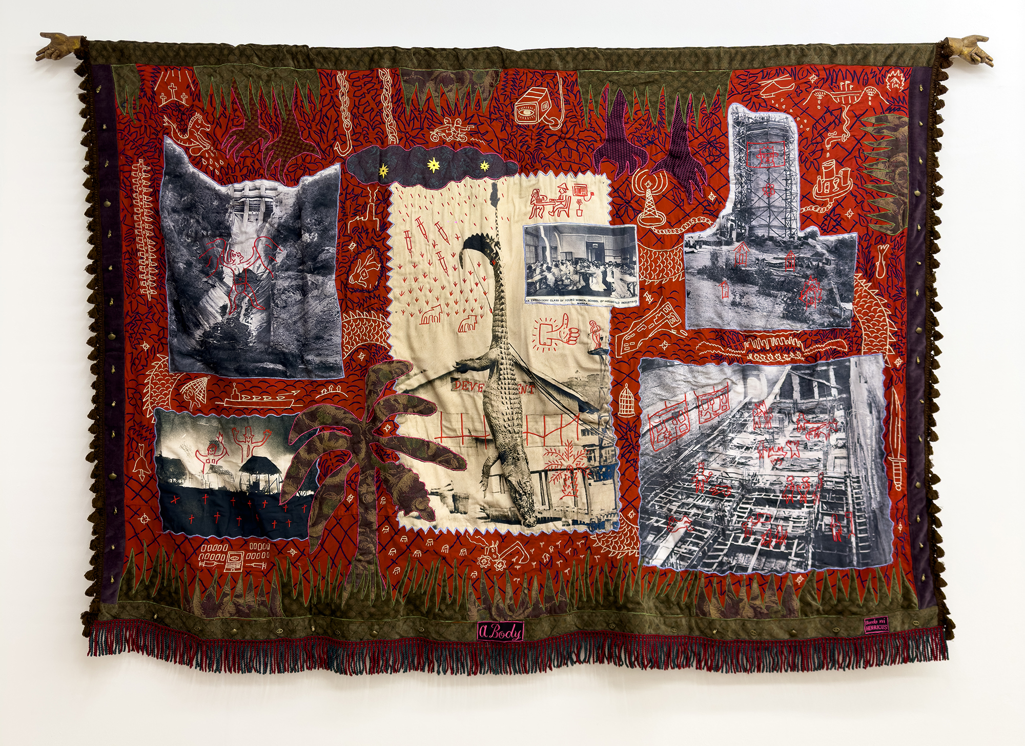 Cian Dayrit, A Body, 2024, embroidery, objects and digital print on fabric, collaboration with Henry Caceres & Rj Fernandez, 200 x 300 cm. Courtesy the artist and Copperfield, London