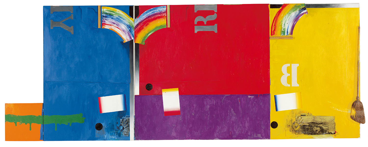 Jasper Johns, Untitled, 1964–65, oil and charcoal on canvas with objects (4 panels), 183 × 427 cm. © the artist, VEGAP, Bilbao, 2026. Courtesy Stedelijk Museum Amsterdam
